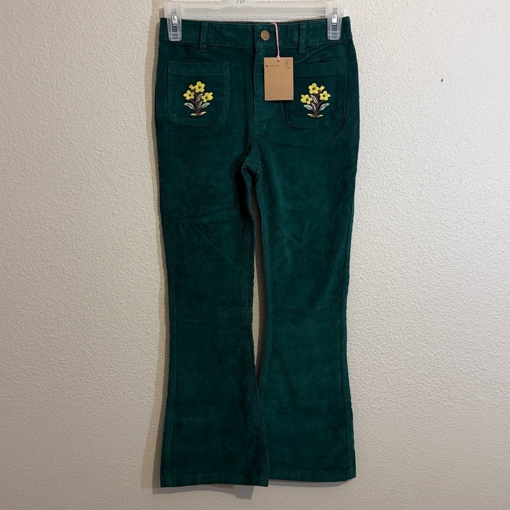 Mini Boden Green Corduroy Kick Flare Pants with Embroidered Flowers Easter - Picture 2 of 6